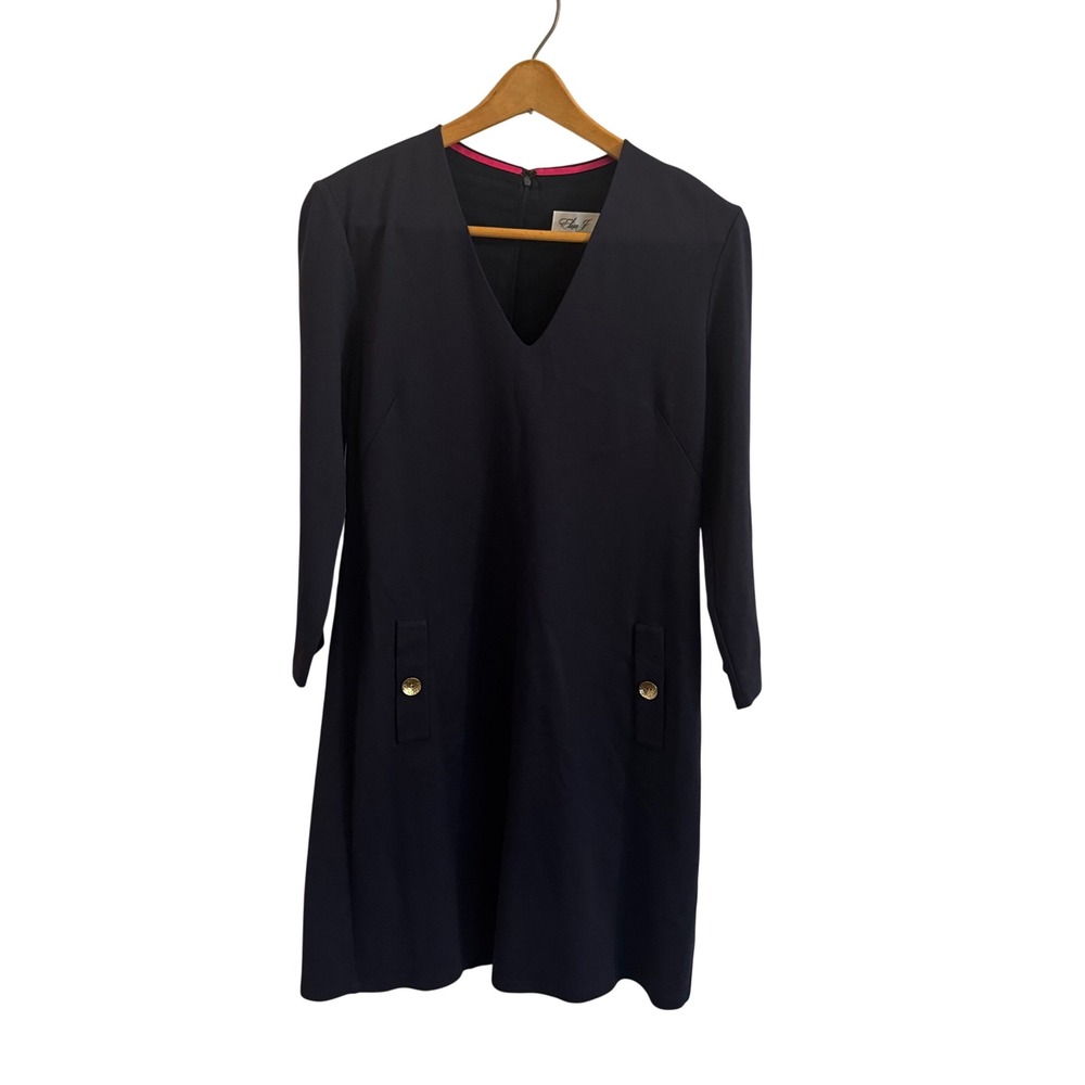 Eliza J Womens Navy Blue V-Neck Long Sleeve Gold Button Shift Dress Size 12